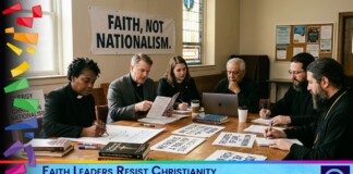 Group of faith leaders around a table, reviewing documents as a banner reading 'FAITH, NOT NATIONALISM' hangs in a room.