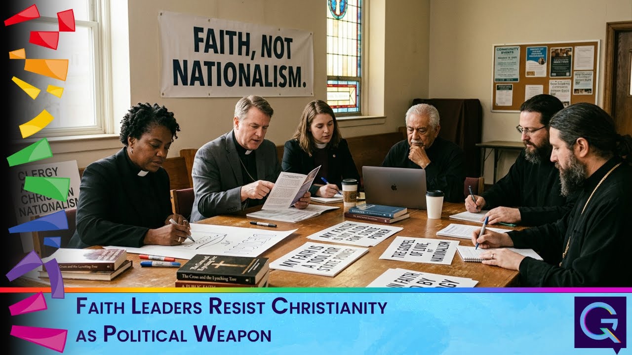 Group of faith leaders around a table, reviewing documents as a banner reading 'FAITH, NOT NATIONALISM' hangs in a room.