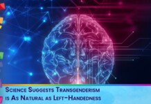 Neon brain illustration with circuit lines on a blue-pink gradient, rainbow shapes on the left, and a blue banner featuring a headline about transgenderism being natural.