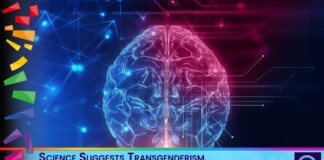 Neon brain illustration with circuit lines on a blue-pink gradient, rainbow shapes on the left, and a blue banner featuring a headline about transgenderism being natural.