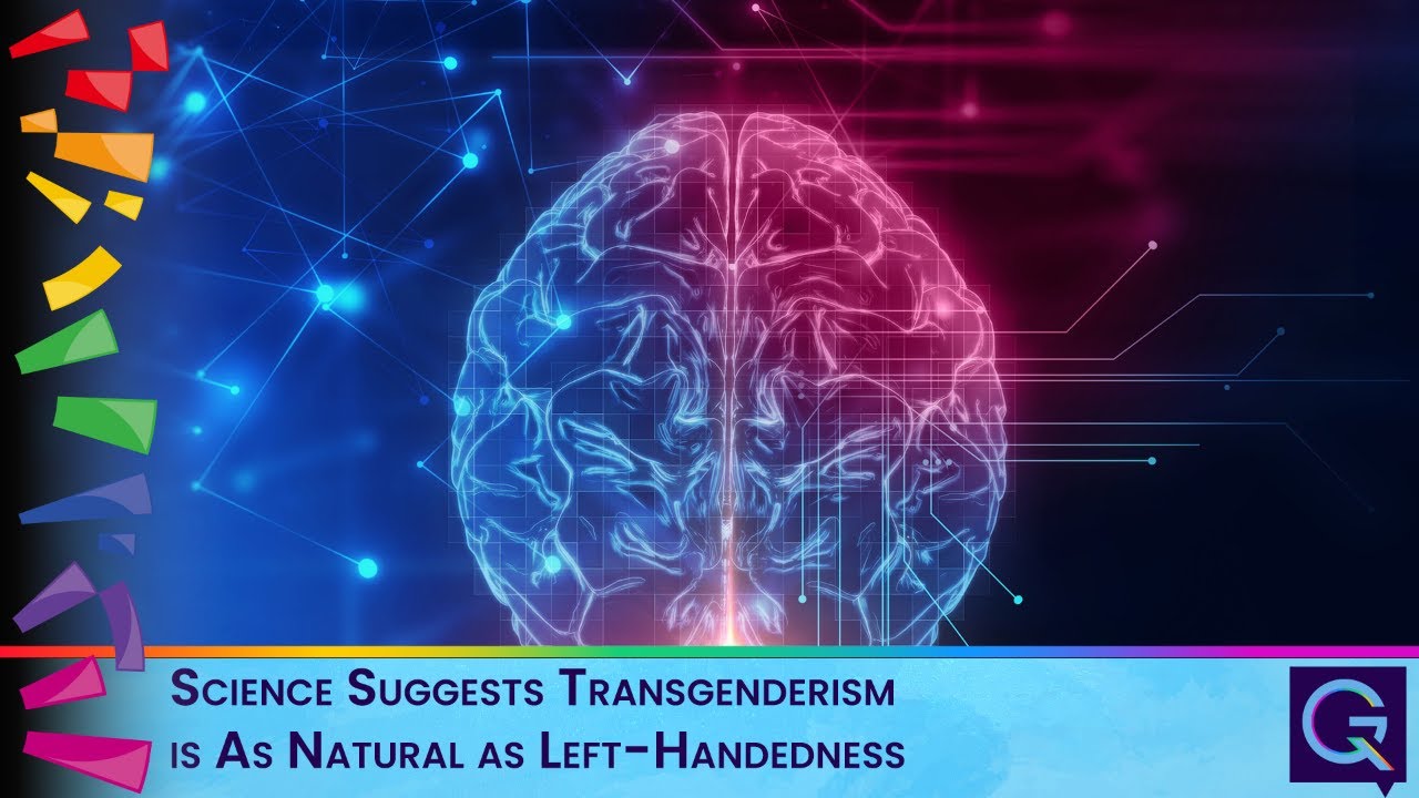 Neon brain illustration with circuit lines on a blue-pink gradient, rainbow shapes on the left, and a blue banner featuring a headline about transgenderism being natural.