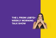 Purple-and-yellow split banner promoting an LGBTQ+ talk show, with a surprised woman covering her mouth on the right.