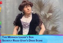 Person in a Victorian-style dress with fur accents, jewelry, and a hat, posed for a colorful news thumbnail about a drag scene topic.