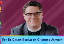 Promotional banner portrait of Rev Dr Canon Rob Lee smiling in a clerical collar, with rainbow confetti and the title 'Rev Dr Canon Rob Lee on Choosing Allyship'.