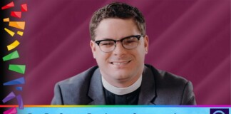 Promotional banner portrait of Rev Dr Canon Rob Lee smiling in a clerical collar, with rainbow confetti and the title 'Rev Dr Canon Rob Lee on Choosing Allyship'.