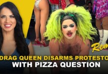 Smiling woman in blue on a yellow background beside a drag queen with neon green hair; headline reads Drag Queen Disarms Protestor With Pizza Question.