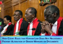 Panel of judges in black robes with red trim seated in a wood-paneled courtroom; bottom banner shows a Kenyan gender-marker headline.