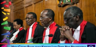 Panel of judges in black robes with red trim seated in a wood-paneled courtroom; bottom banner shows a Kenyan gender-marker headline.