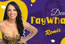 Smiling woman in a gold sequined dress stands with hands on hips against a purple and yellow abstract background; text on the image suggests a remix title.