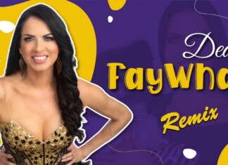 Smiling woman in a gold sequined dress stands with hands on hips against a purple and yellow abstract background; text on the image suggests a remix title.