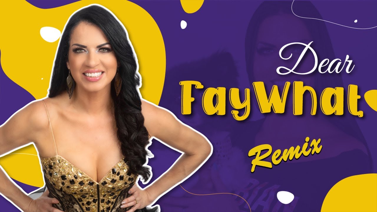 Smiling woman in a gold sequined dress stands with hands on hips against a purple and yellow abstract background; text on the image suggests a remix title.