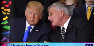 Two men in dark suits leaning in to talk; one resembles Trump, with a rainbow-bordered banner and the caption: “Graham’s Idea of Morality Doesn’t Impress the Queer God Squad”