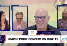 News-style panel with four hosts, central host John Hayden smiling, and a bold banner: 'GMCSF PRIDE CONCERT ON JUNE 19' across the bottom.