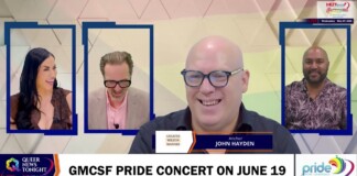 News-style panel with four hosts, central host John Hayden smiling, and a bold banner: 'GMCSF PRIDE CONCERT ON JUNE 19' across the bottom.