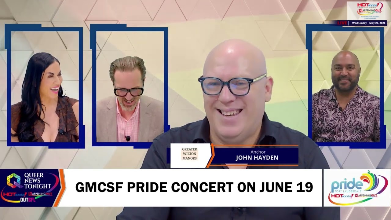 News-style panel with four hosts, central host John Hayden smiling, and a bold banner: 'GMCSF PRIDE CONCERT ON JUNE 19' across the bottom.