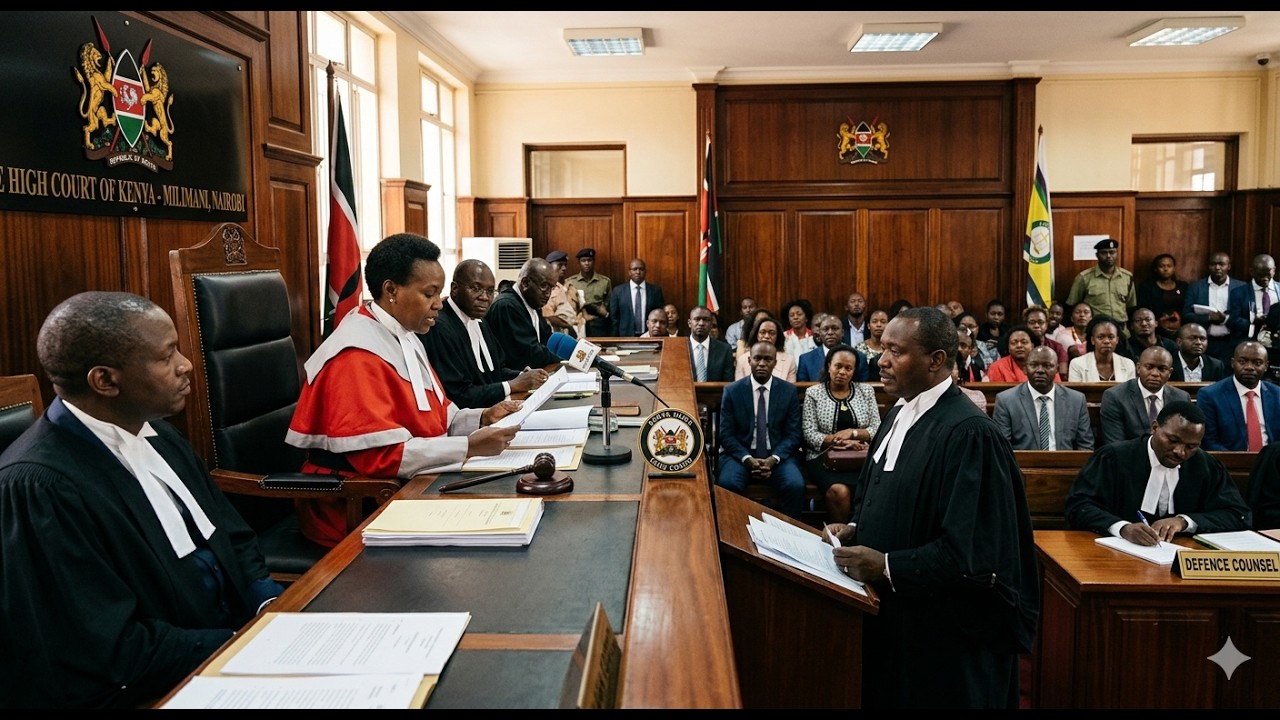 Kenyan High Court courtroom with a judge in red robes addressing a lawyer at the podium while the audience watches.