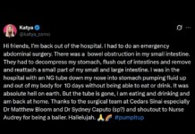 Tweet by Katya Zamo about an emergency abdominal surgery for bowel obstruction, hospital stay, and thanks to the surgical team and Nurse Audrey.