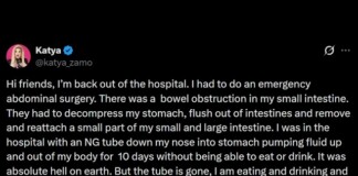 Tweet by Katya Zamo about an emergency abdominal surgery for bowel obstruction, hospital stay, and thanks to the surgical team and Nurse Audrey.