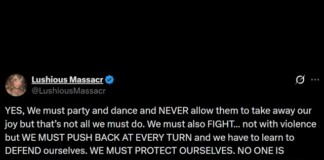 Tweet by Lushious Massacr urging joy and celebration, but also to push back, defend, and save ourselves.