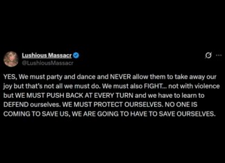 Tweet by Lushious Massacr urging joy and celebration, but also to push back, defend, and save ourselves.