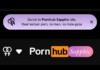 Purple rounded banner ad promoting Pornhub Sapphire with a lesbian-focused message and female-symbol icon, plus a small '×' close button; below, the Pornhub Sapphire logo on a dark header.