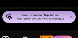 Purple rounded banner ad promoting Pornhub Sapphire with a lesbian-focused message and female-symbol icon, plus a small '×' close button; below, the Pornhub Sapphire logo on a dark header.