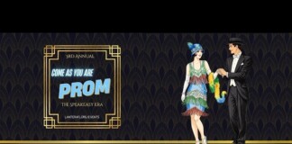Prom event banner showing a couple in 1920s attire dancing on a decorative backdrop, with sponsor logos at the bottom and a gold frame reading ‘Come as you are Prom’.
