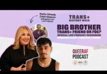 Promotional banner for Trans+ History Week featuring Nadia Almada and Lars Fellows, advertising a Queer AF podcast live recording.