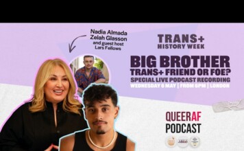 Promotional banner for Trans+ History Week featuring Nadia Almada and Lars Fellows, advertising a Queer AF podcast live recording.