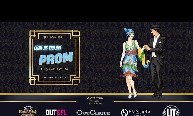 Prom event banner showing a couple in 1920s attire dancing on a decorative backdrop, with sponsor logos at the bottom and a gold frame reading ‘Come as you are Prom’.