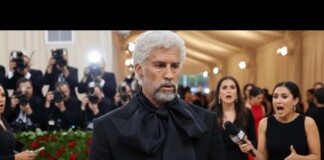 Man with white hair and beard in a black embellished tuxedo on the red carpet as photographers crowd around him.