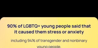 Infographic stating: 90% of LGBTQ+ young people said the issue caused stress or anxiety; 94% of transgender and nonbinary youth affected.