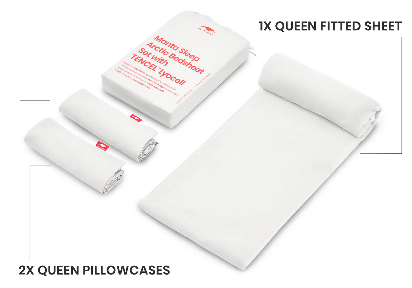 White bedding set: one queen fitted sheet and two queen pillowcases, laid out with packaging in the background
