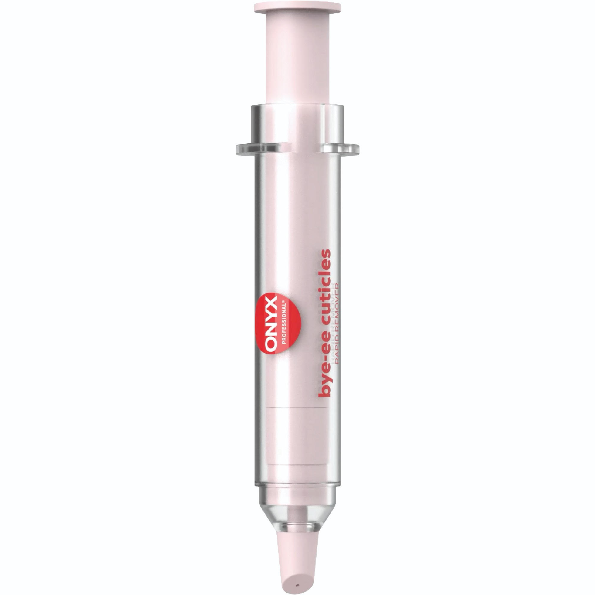 Close-up of a pink lipstick-like cosmetic pen with a silver body and pink cap, showing a red circular sticker on the side