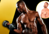 Progressive Overload Explained: The Secret Sauce to a Hotter Body Muscular Black man shirtless lifting a dumbbell against a black-and-yellow abstract background.