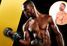 Progressive Overload Explained: The Secret Sauce to a Hotter Body Muscular Black man shirtless lifting a dumbbell against a black-and-yellow abstract background.