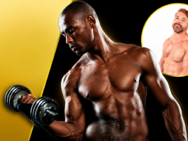 Muscular Black man shirtless lifting a dumbbell against a black-and-yellow abstract background.