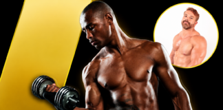 Progressive Overload Explained: The Secret Sauce to a Hotter Body Muscular Black man shirtless lifting a dumbbell against a black-and-yellow abstract background.
