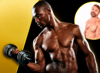 Progressive Overload Explained: The Secret Sauce to a Hotter Body Muscular Black man shirtless lifting a dumbbell against a black-and-yellow abstract background.