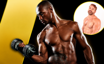 Progressive Overload Explained: The Secret Sauce to a Hotter Body Muscular Black man shirtless lifting a dumbbell against a black-and-yellow abstract background.