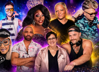 Gay Disney Returns to Orlando Eight club DJs and drag performers pose around a colorful stage with a mixer in the foreground.