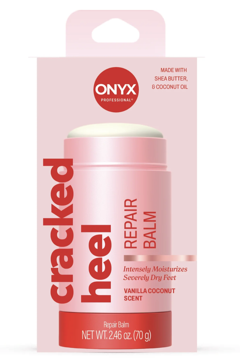 Pink box packaging for Onyx Professional Cracked Heel Repair Balm; vanilla coconut scent.