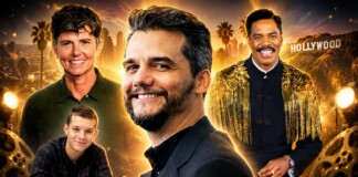Group portrait of four men smiling against a golden Hollywood skyline and film reels backdrop, like a movie poster.