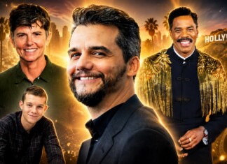 Deep Inside Hollywood: The Hottest LGBTQ+ Film Announcements You Need to Know Group portrait of four men smiling against a golden Hollywood skyline and film reels backdrop, like a movie poster.