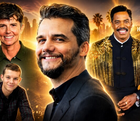 Group portrait of four men smiling against a golden Hollywood skyline and film reels backdrop, like a movie poster.