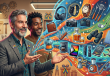 Two men in a workshop smile as a rainbow swirl of gadgets (watch, camera, headphones, tools) bursts from the right, symbolizing tech and celebration.