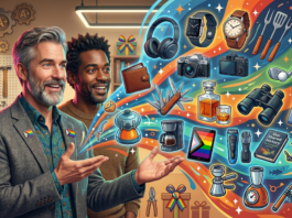 Two men in a workshop smile as a rainbow swirl of gadgets (watch, camera, headphones, tools) bursts from the right, symbolizing tech and celebration.