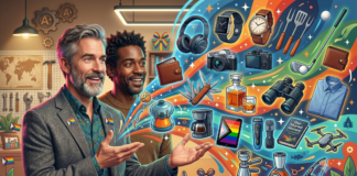Two men in a workshop smile as a rainbow swirl of gadgets (watch, camera, headphones, tools) bursts from the right, symbolizing tech and celebration.