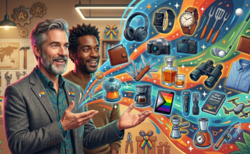 Father’s Day Gift Guide 2026 – Over 20 items I think your Father’s will Love Two men in a workshop smile as a rainbow swirl of gadgets (watch, camera, headphones, tools) bursts from the right, symbolizing tech and celebration.