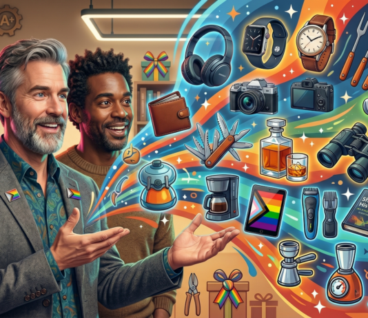 Father’s Day Gift Guide 2026 – Over 20 items I think your Father’s will Love Two men in a workshop smile as a rainbow swirl of gadgets (watch, camera, headphones, tools) bursts from the right, symbolizing tech and celebration.